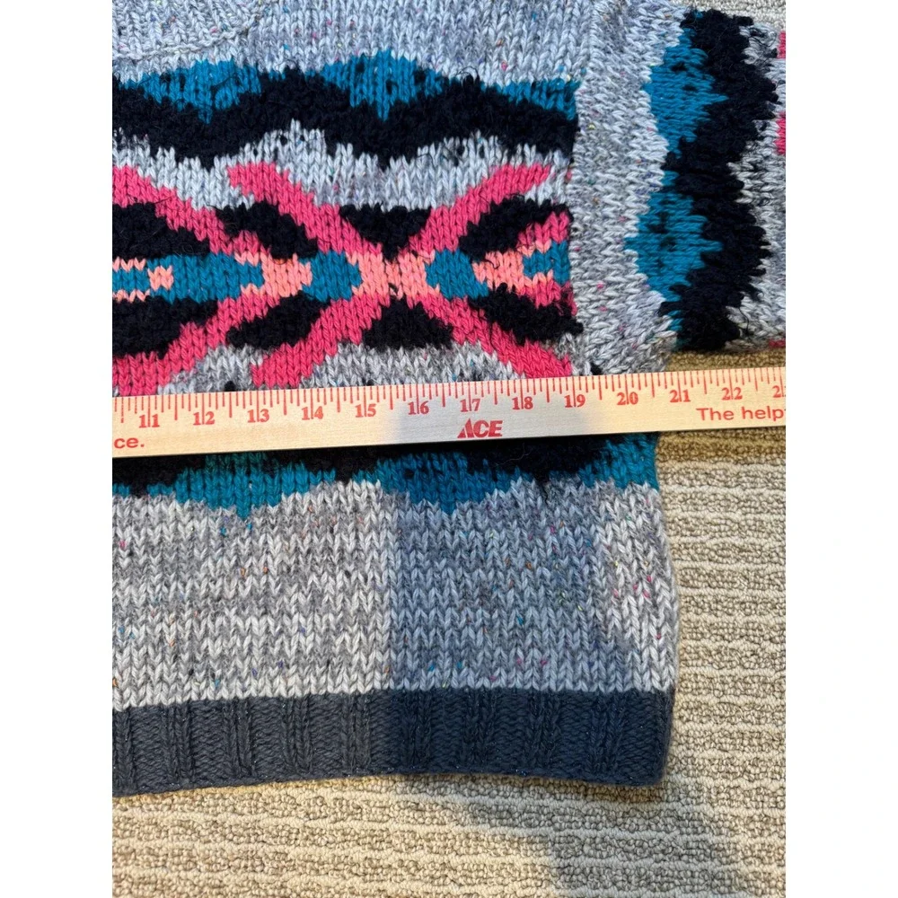 Free People Grey Pink Teal Geometric Intarsia Wool Alpaca Blend‎ Cropped Sweater